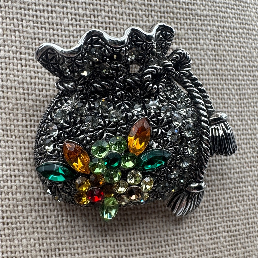 Vintage Labella Made in NYC Multicolor Crystal Floral Silver-Tone Purse Brooch